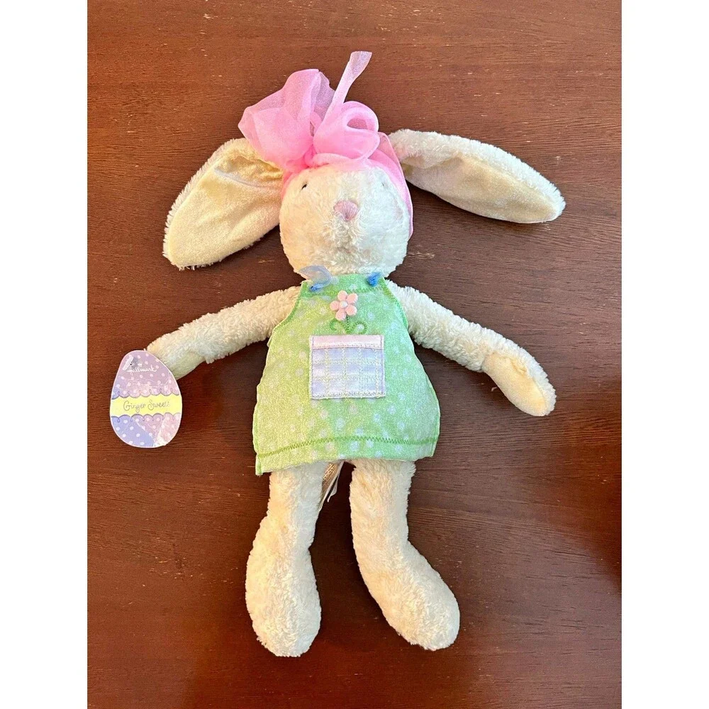 Hallmark Ginger Sweets Bunny Plush Doll White/Green Pink Bow Washable Small 0042